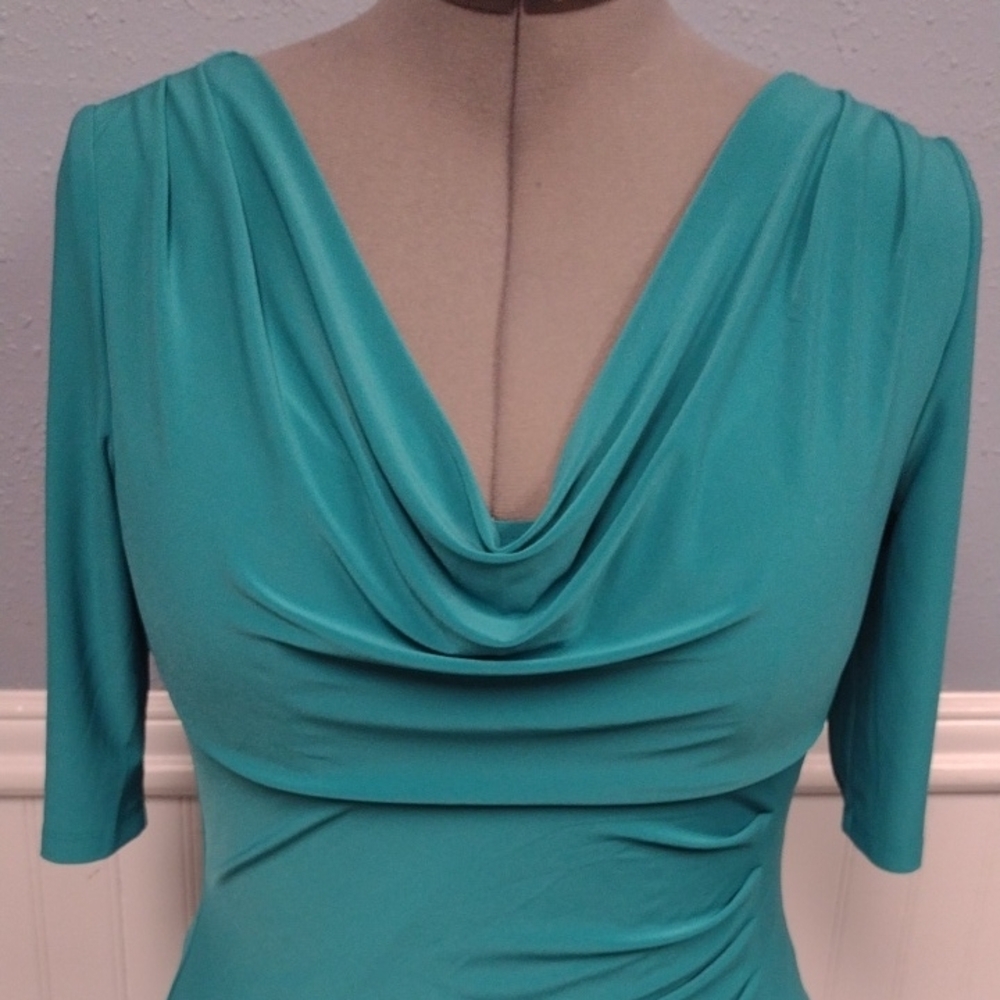 Lauren Ralph Lauren Asymmetrical Ruched Cowl Neck Dress in Blue Green - Picture 8 of 15